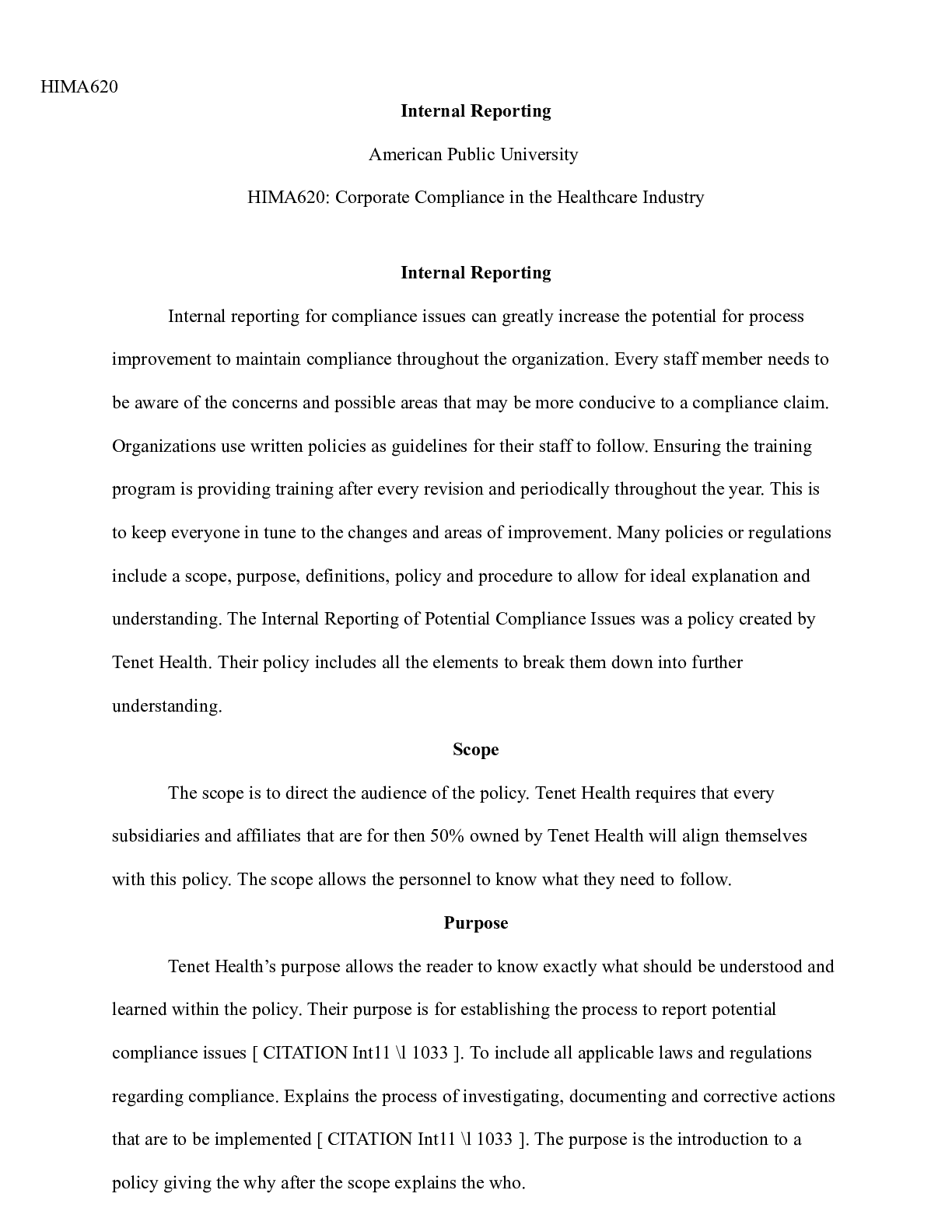 Preview image of Internal Reporting.docx  HIMA620  Internal Reporting  American Public University  HIMA620: document